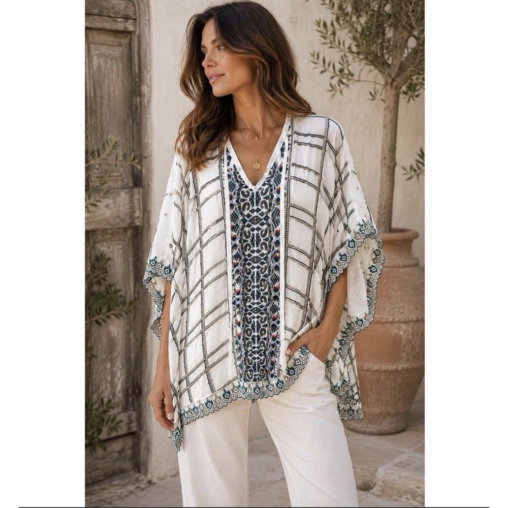 Johnny Was Cherpas Boho Embroidered Tunic Poncho Shirt Size Small Oversized $268